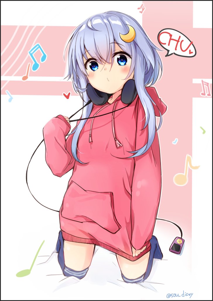 1girl alternate_costume beamed_sixteenth_notes blue_eyes blue_legwear crescent crescent_hair_ornament digital_media_player dress eighth_note hair_ornament headphones headphones_around_neck hood hooded_sweater hoodie kantai_collection looking_at_viewer musical_note purple_hair quarter_note red_dress red_sweater short_hair short_hair_with_long_locks solo sou_(soutennkouchi) sweater sweater_dress thigh-highs yayoi_(kancolle)