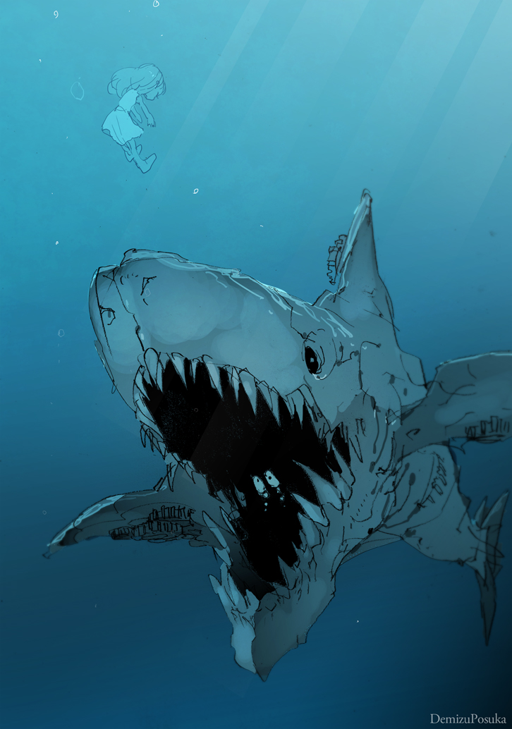 1girl animal bubble demizu_posuka floating jaw ocean original shark teeth underwater water