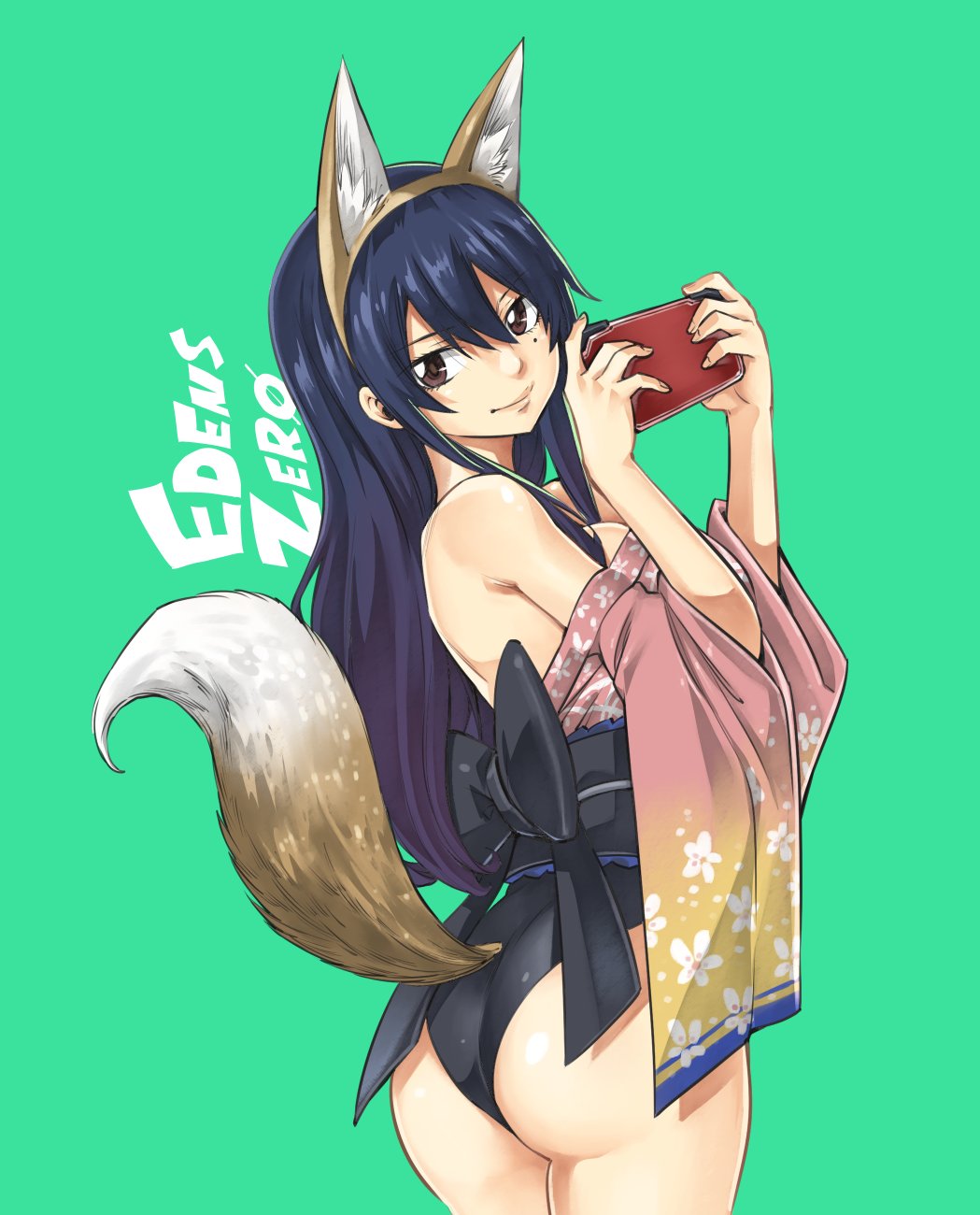 1girl animal_ears ass bangs black_bow black_leotard blue_hair bow brown_eyes brown_hairband cellphone closed_mouth copyright_name cowboy_shot eden's_zero fox_ears fox_tail from_behind green_background hair_between_eyes hairband highres holding holding_phone homura_kogetsu leotard long_hair long_sleeves looking_at_viewer looking_back mashima_hiro mole mole_under_eye off_shoulder phone shiny shiny_hair smartphone smile solo standing straight_hair tail very_long_hair wide_sleeves