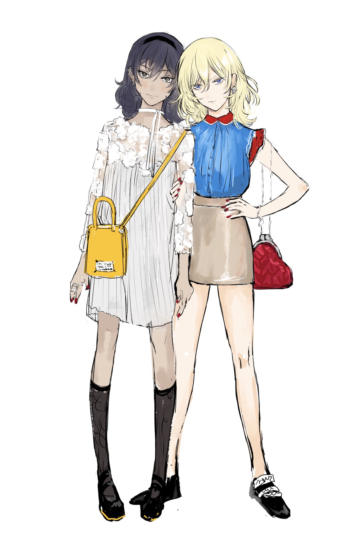 2girls alternate_costume andou_(girls_und_panzer) bag banira_(oocooocooocoo) black_eyes black_footwear black_hair blonde_hair blue_eyes choker dark_skin dark-skinned_female dress ear_piercing earrings girls_und_panzer hair_behind_ear hand_on_hip handbag highres holding_another's_arm jewelry kneehighs multiple_girls oshida_(girls_und_panzer) piercing red_bag red_nails smile white_background white_choker white_dress yellow_bag