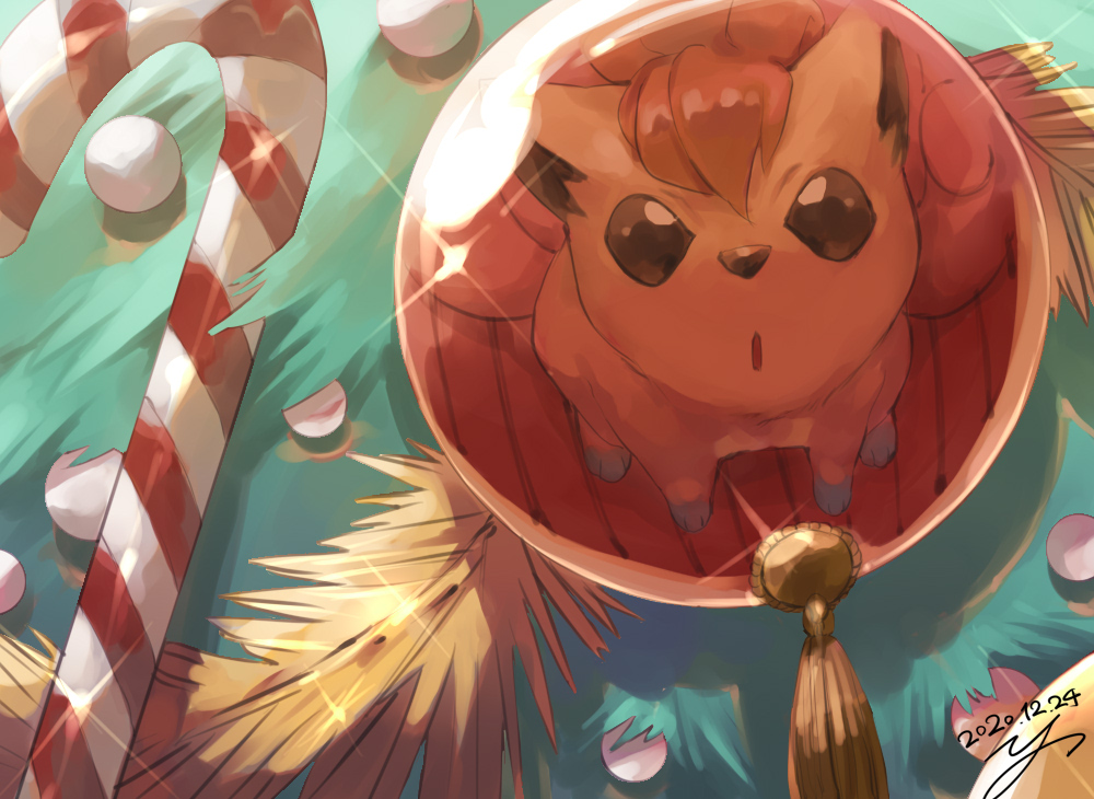 brown_eyes candy candy_cane christmas_ornaments commentary_request dated food gen_1_pokemon no_humans paws pokemon pokemon_(creature) reflection signature solo sparkle toes vulpix yu_ikedon