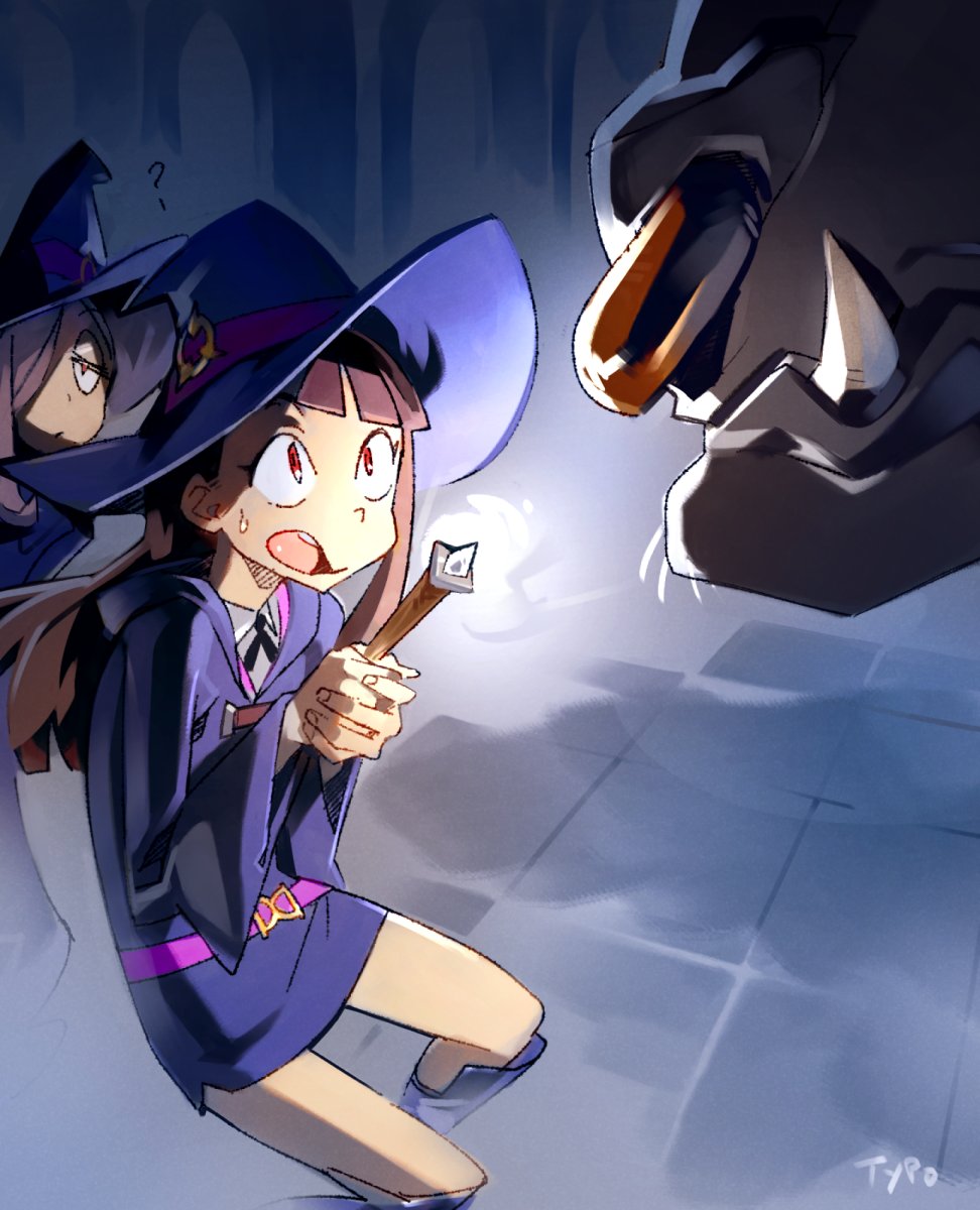 1other 2girls ? bangs belt blunt_bangs boots brown_hair colorized dungeon english_commentary hair_over_one_eye hat highres kagari_atsuko knee_boots little_witch_academia long_hair luna_nova_school_uniform monster multiple_girls nose_piercing nose_ring optionaltypo piercing pink_belt red_eyes school_uniform shiny_rod size_difference solo_focus sucy_manbavaran tusks upper_teeth wand witch witch_hat you_gonna_get_raped