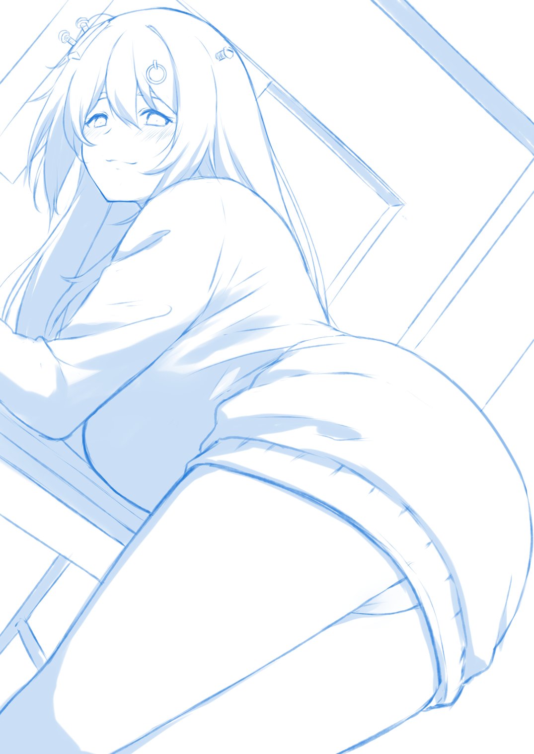 1girl ass bangs bent_over breasts english_commentary eyebrows_behind_hair highres hime_hajime kaitofuuma large_breasts light_smile long_hair looking_back monochrome open_mouth panties power_symbol screw_in_head side_ponytail sketch smile solo underwear virtual_youtuber vshojo work_in_progress