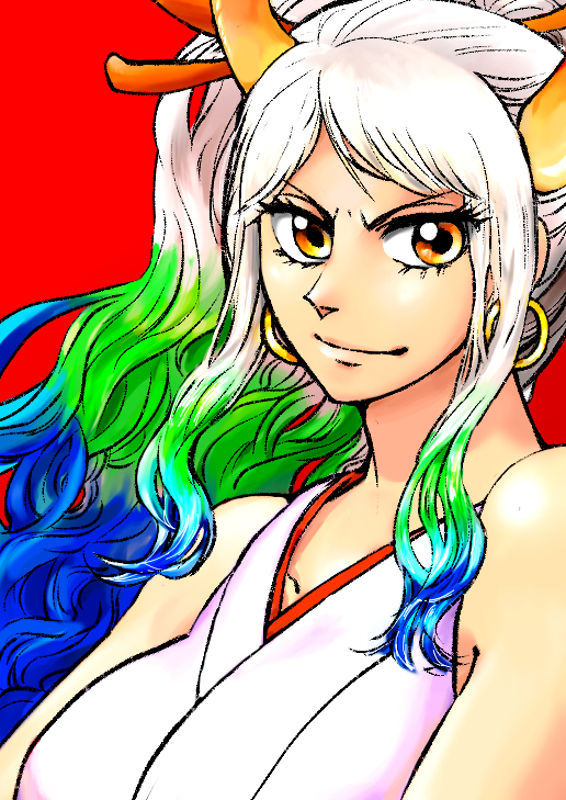 &gt;:) 1girl bare_shoulders blue_hair closed_mouth colorful curled_horns earrings eyelashes floating_hair green_hair grey_hair hair_ornament hair_stick high_ponytail hoop_earrings horns japanese_clothes jewelry kataginu long_hair looking_at_viewer multicolored_hair one_piece oni orange_eyes red_background sidelocks simple_background smile solo tamo_(mutasame1142) upper_body v-shaped_eyebrows yamato_(one_piece) yellow_horns