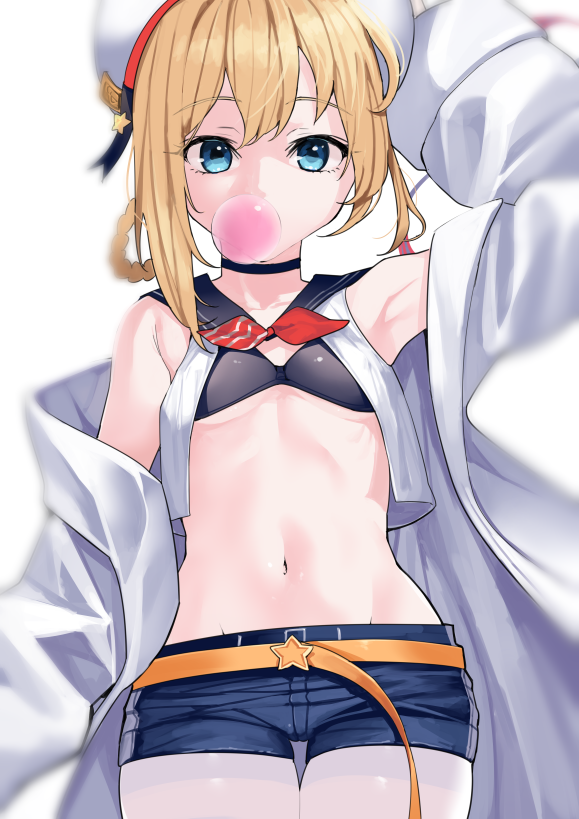 1girl arm_up armpits azur_lane bare_shoulders belt beret black_bra black_choker blonde_hair blue_eyes blue_shorts blurry bra bubble_blowing chewing_gum choker coat cowboy_shot crop_top groin hat long_sleeves looking_at_viewer midriff navel off_shoulder ootani_nonno open_clothes open_coat open_shirt revealing_clothes sailor_collar shirt short_hair short_shorts shorts simple_background sleeveless sleeveless_shirt solo stephen_potter_(azur_lane) stomach underwear white_background white_coat white_headwear white_shirt