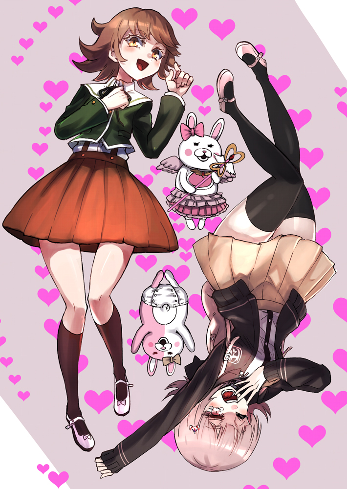 &gt;_o 1boy 1girl bangs black_jacket black_legwear breasts brown_eyes brown_hair commentary_request dangan_ronpa:_trigger_happy_havoc dangan_ronpa_(series) dangan_ronpa_2:_goodbye_despair diaper ear_bow flipped_hair frilled_skirt frills fujisaki_chihiro full_body hair_ornament hairclip heart hood jacket layered_skirt looking_at_viewer medium_hair monomi_(dangan_ronpa) nanami_chiaki one_eye_closed open_mouth otoko_no_ko pink_eyes pink_footwear pink_hair pink_ribbon pleated_skirt ribbon shiny shiny_hair shirt shoes short_hair skirt sleeves_past_wrists smile staff thigh-highs tsunemi_aosa usami_(dangan_ronpa) wings yawning zettai_ryouiki