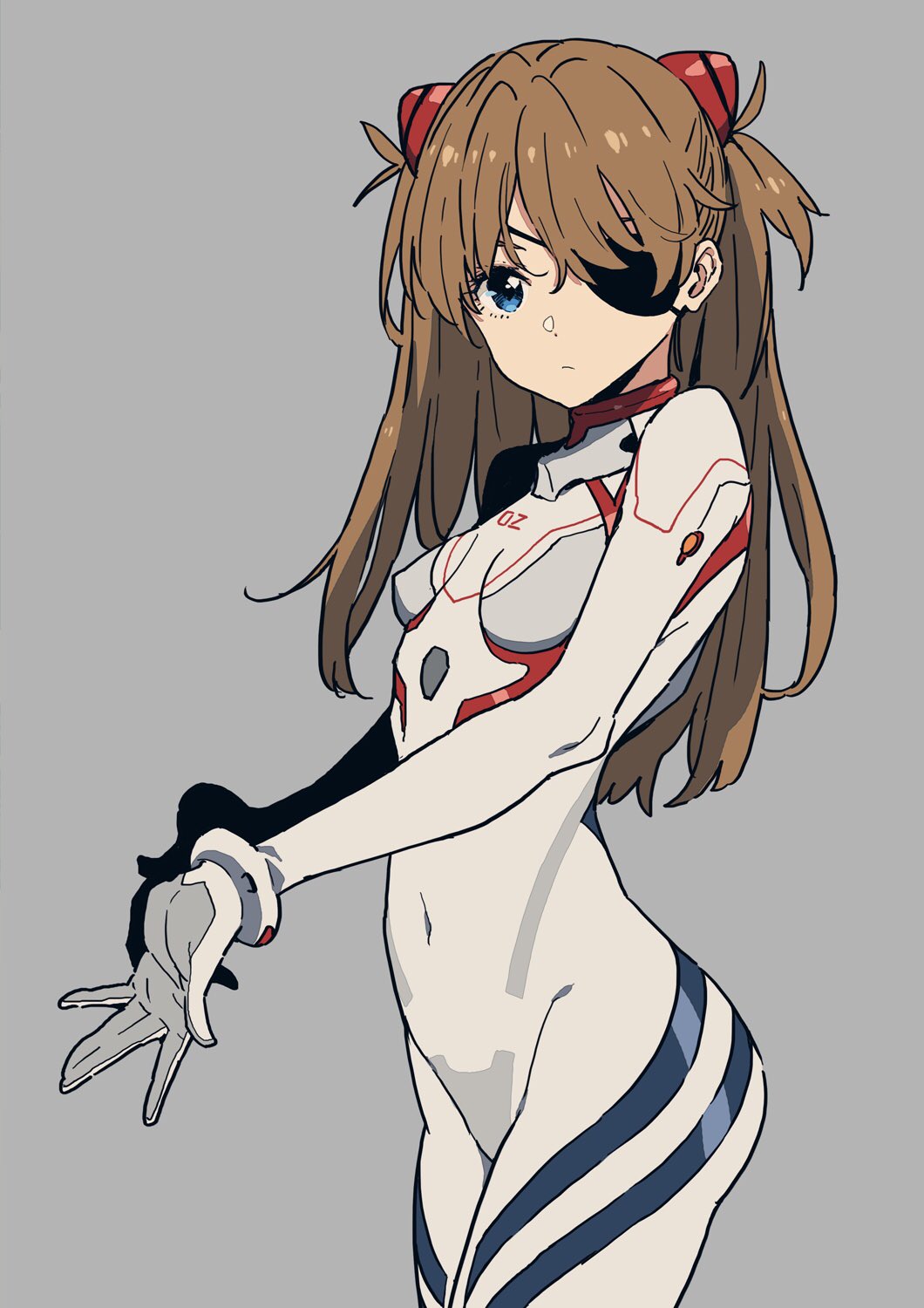 1girl blue_eyes breasts brown_hair closed_mouth evangelion:_3.0+1.0_thrice_upon_a_time eyepatch grey_background highres imigimuru long_hair looking_at_viewer neon_genesis_evangelion plugsuit rebuild_of_evangelion shikinami_asuka_langley simple_background small_breasts solo souryuu_asuka_langley