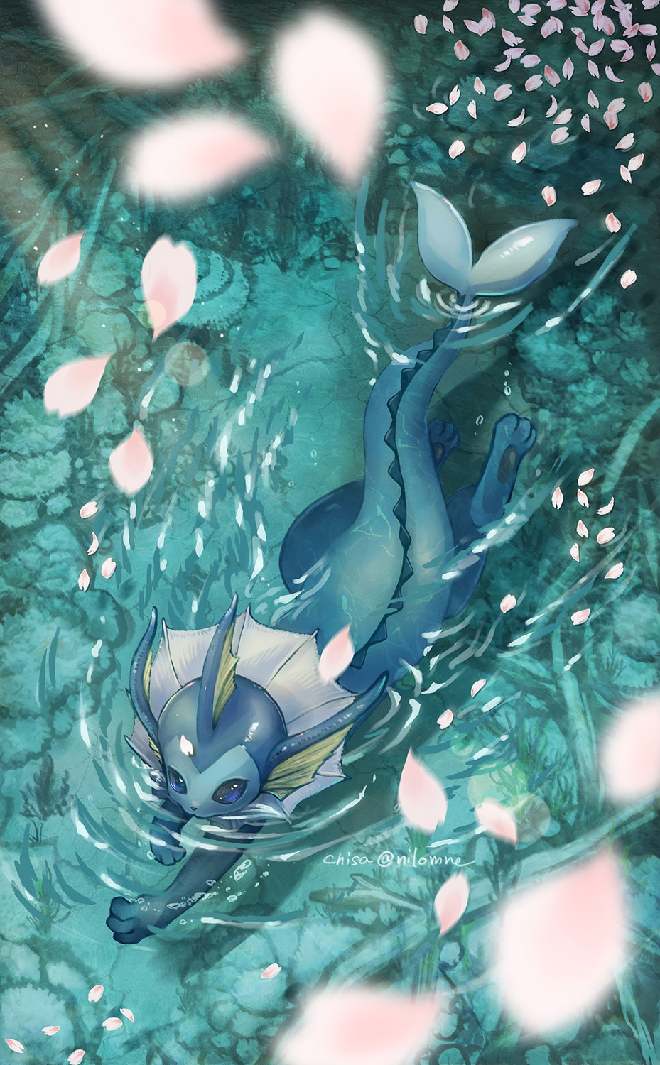 blue_eyes cherry_blossoms commentary_request from_above gen_1_pokemon highres momomo12 no_humans paws petals pokemon pokemon_(creature) ripples shiny solo swimming toes vaporeon water