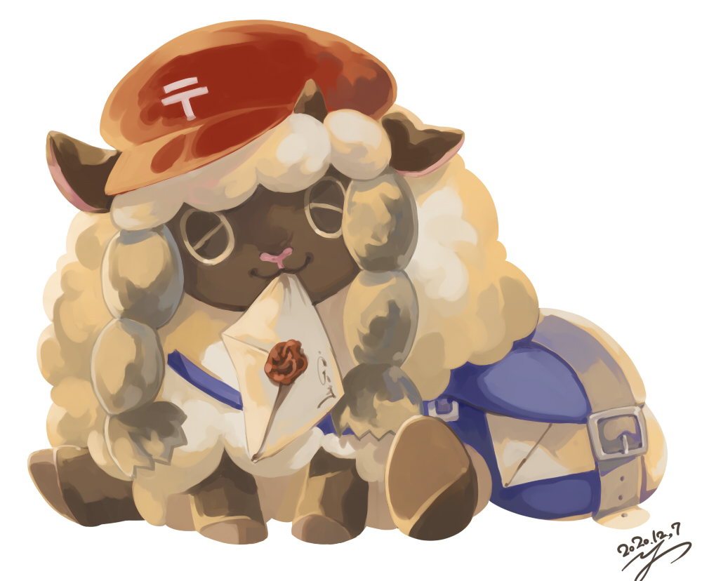 bag belt commentary_request dated envelope gen_8_pokemon hat hatted_pokemon holding holding_envelope looking_at_viewer mouth_hold pokemon red_headwear signature simple_background smile white_background wooloo yu_ikedon