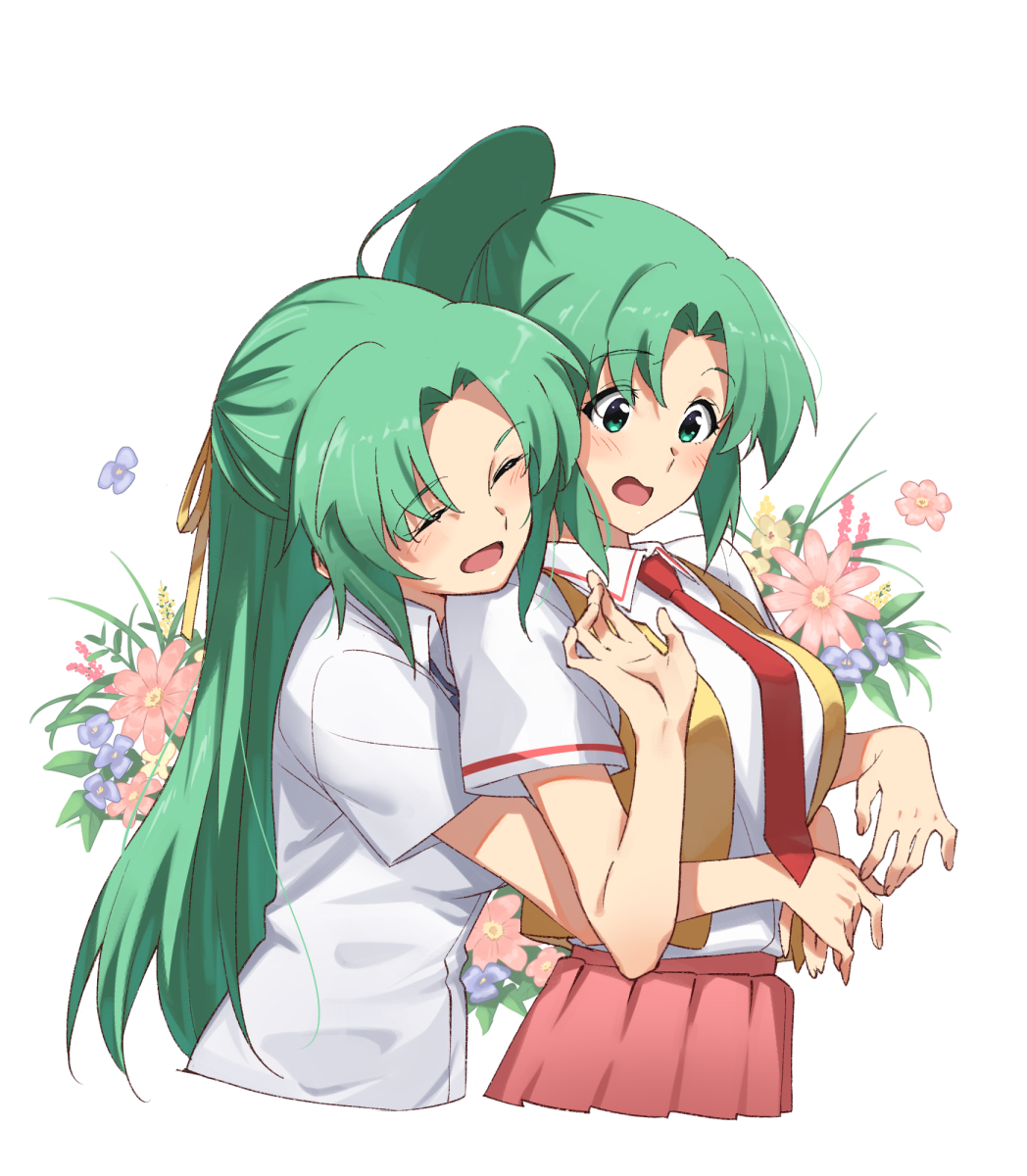 2girls :d blush braid breasts closed_eyes collared_shirt dress_shirt flower french_braid from_side green_hair gulim hair_intakes hair_ribbon high_ponytail highres higurashi_no_naku_koro_ni long_hair medium_breasts multiple_girls necktie open_clothes open_mouth open_vest pink_flower pink_skirt pleated_skirt purple_flower red_neckwear ribbon school_uniform shiny shiny_hair shirt short_sleeves siblings simple_background sisters skirt smile sonozaki_mion sonozaki_shion twins very_long_hair vest wavy_mouth white_background white_shirt wing_collar yellow_ribbon yellow_vest