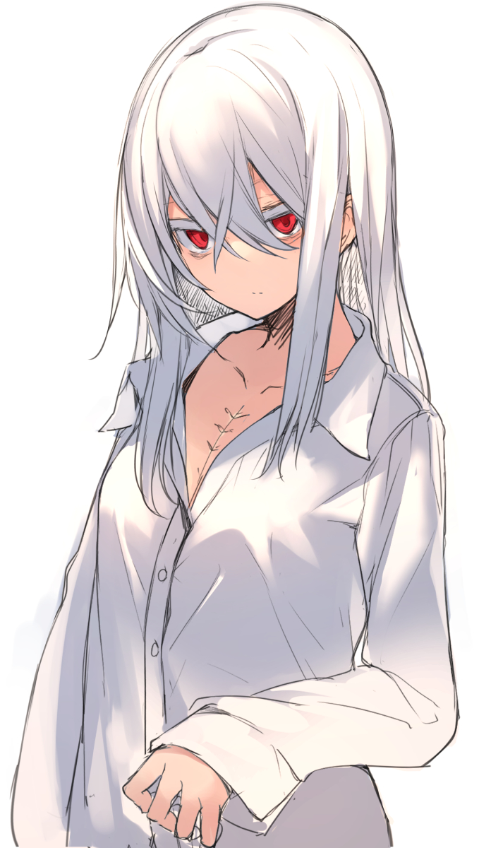 1girl bangs breasts closed_mouth collarbone collared_shirt commentary_request dress_shirt hair_between_eyes highres jewelry long_hair long_sleeves looking_at_viewer original otokuyou red_eyes ringo-chan_(otokuyou) shirt simple_background small_breasts solo upper_body white_background white_hair white_shirt