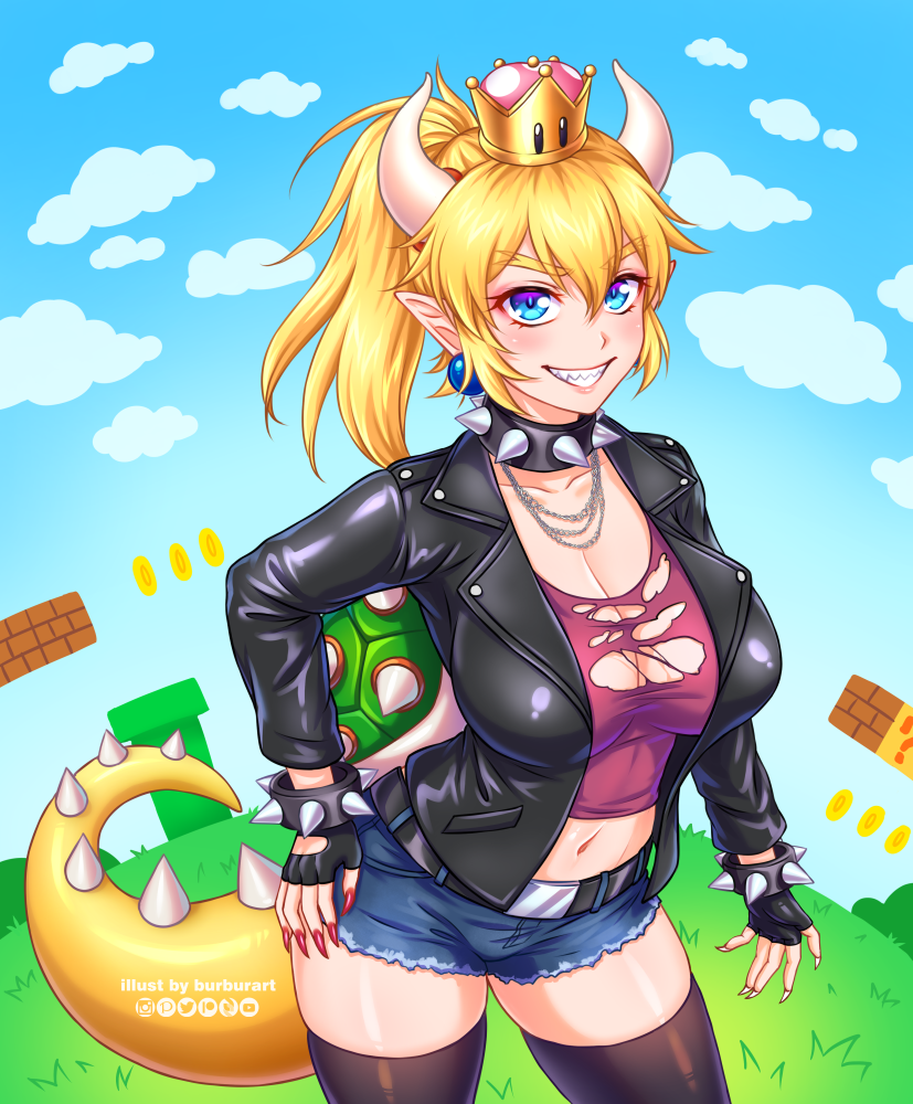 &gt;:) 1girl artist_name black_collar black_gloves black_jacket black_legwear blonde_hair blue_eyes blush bowsette bracelet breasts burbur collar crown earrings english_commentary evil_smile eyebrows_visible_through_hair fingerless_gloves fingernails frown genderswap gloves grin hair_between_eyes high_ponytail horns jacket jewelry leather leather_gloves leather_jacket long_sleeves looking_at_viewer super_mario_bros. mixed-language_commentary nintendo open_clothes open_jacket parted_lips pointy_ears ponytail sharp_fingernails sharp_teeth smile smirk spiked_armlet spiked_bracelet spiked_collar spiked_shell spiked_tail spikes super_crown super_mario_bros. tail teeth turtle_shell watermark white_horns