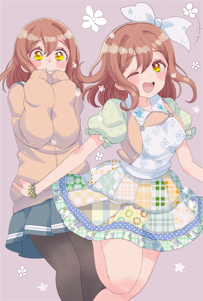 1girl apron bangs bare_legs blush bow bowtie bracelet brown_hair closed_mouth cream_(nipakupa) dress embarrassed floral_print flower_(symbol) hair_ornament jewelry kunikida_hanamaru long_hair love_live! love_live!_sunshine!! open_mouth pantyhose patterned_clothing school_uniform short_sleeves simple_background sleeves_past_wrists smile solo uranohoshi_school_uniform winter_uniform yellow_eyes