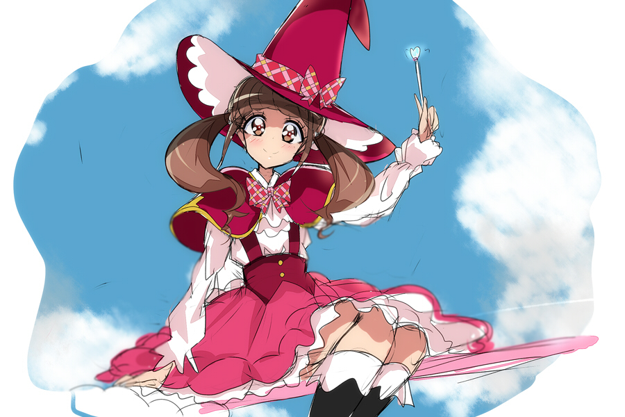 1girl alternate_costume blue_sky broom broom_riding brown_eyes brown_hair capelet clouds commentary haru_(nature_life) hat healin'_good_precure hiramitsu_hinata layered_skirt light_blush long_sleeves looking_at_viewer magic_school_uniform mahou_girls_precure! medium_hair medium_skirt pink_skirt plaid_neckwear precure red_capelet red_headwear school_uniform shiny shiny_hair shirt sitting sketch skirt sky smile solo twintails underbust wand white_shirt witch_hat