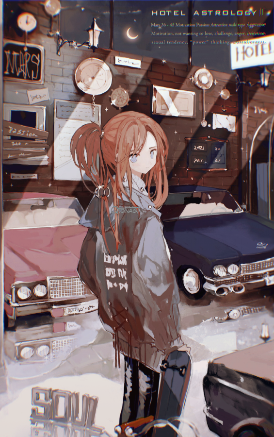 1girl asahiro bangs blue_eyes brick_wall brown_hair car clock closed_mouth clothes_writing crescent_moon expressionless feet_out_of_frame from_behind grey_jacket ground_vehicle hand_on_hip high_collar holding holding_skateboard hood hood_down jacket lamppost looking_at_viewer moon motor_vehicle night original outdoors reflection shiny_floor short_ponytail signature skateboard solo standing sweater swept_bangs turtleneck turtleneck_sweater white_sweater