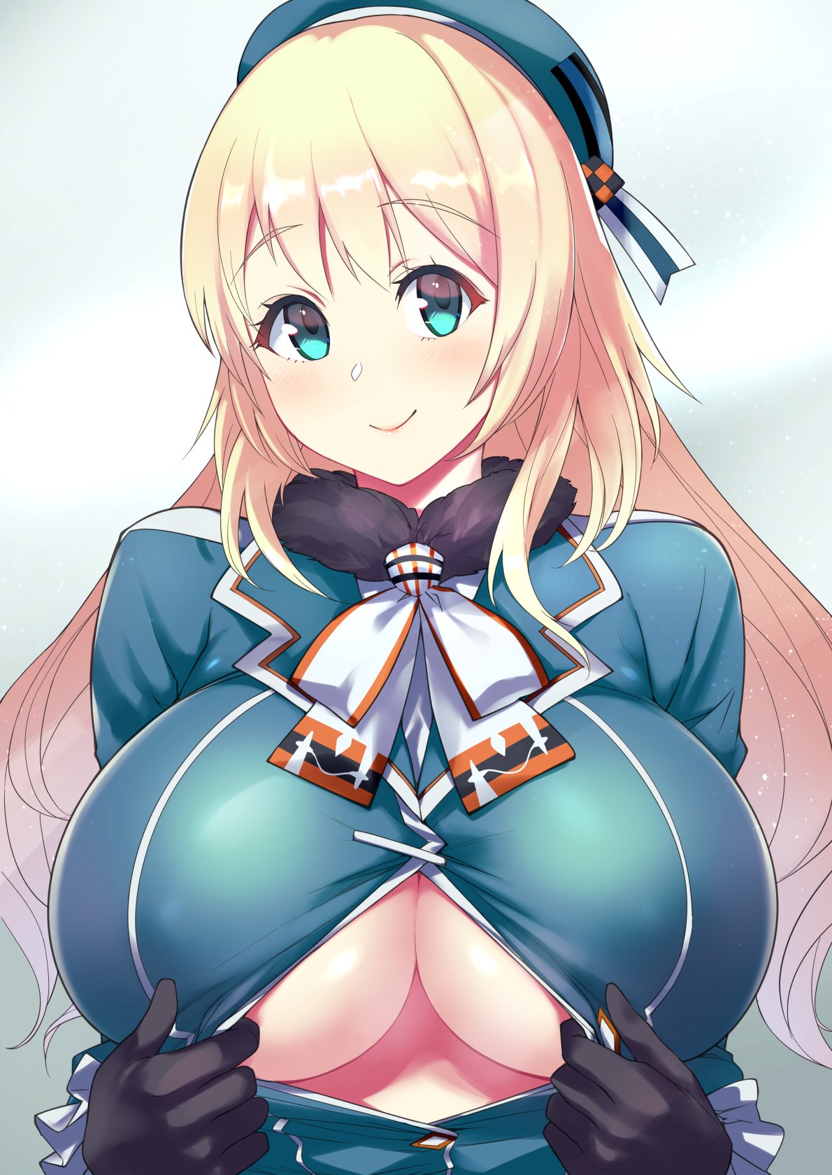 1girl ascot atago_(kancolle) beret black_gloves blonde_hair blue_headwear breasts commentary_request gloves green_eyes hat highres huge_breasts kantai_collection large_breasts long_hair looking_at_viewer military military_uniform open_clothes rampage_2nd solo uniform upper_body white_neckwear