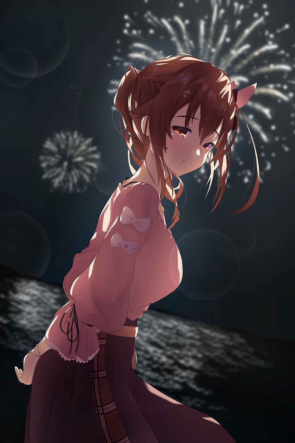 1girl arms_behind_back blouse breasts brown_eyes brown_hair closed_mouth dutch_angle fireworks from_side high-waist_skirt highres hololive light_blush long_hair long_skirt long_sleeves looking_at_viewer masaya_tayo medium_breasts night ocean pink_blouse ponytail skirt smile solo tokino_sora virtual_youtuber