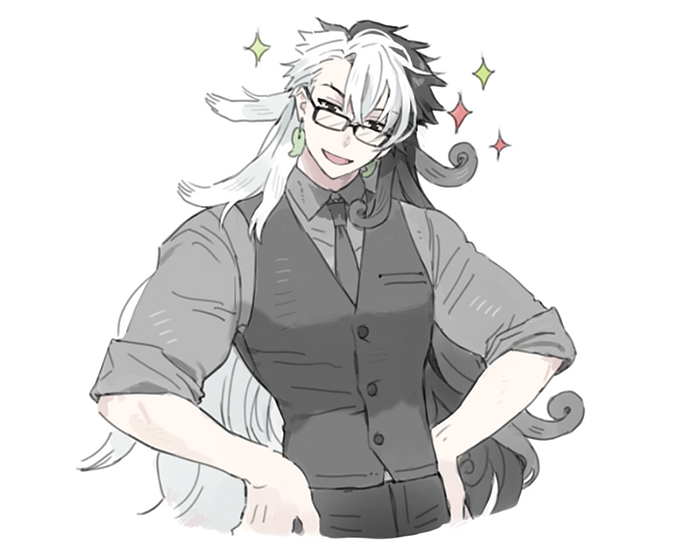 1boy :d androgynous ashiya_douman_(fate) asymmetrical_hair bishounen black_eyes black_hair black_neckwear black_vest blush cczyjs collared_shirt curly_hair earrings fate/grand_order fate_(series) formal glasses hair_between_eyes hair_intakes hands_on_hips head_tilt jewelry long_hair magatama magatama_earrings male_focus multicolored_hair necktie official_alternate_costume open_mouth parted_lips shirt sleeves_rolled_up smile solo sparkle suit toned toned_male two-tone_hair upper_body very_long_hair vest white_hair