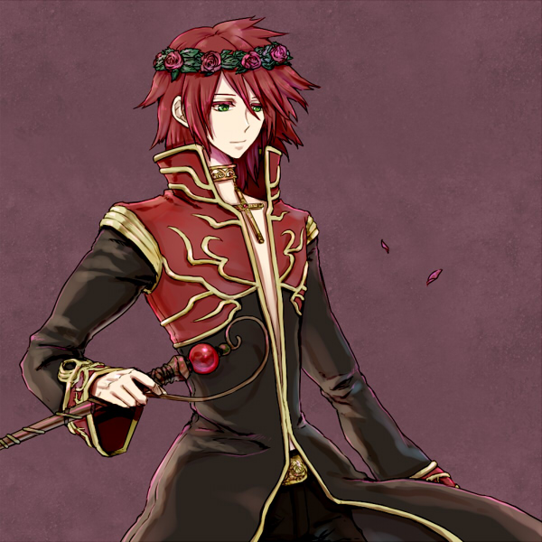 1boy bangs black_coat brown_background brown_pants closed_mouth coat commentary_request cowboy_shot cross cross_necklace flower green_eyes hair_between_eyes head_wreath holding holding_staff jewelry long_sleeves looking_to_the_side male_focus necklace open_clothes open_coat pants pink_flower priest_(ragnarok_online) ragnarok_online red_coat redhead retgra short_hair smile solo staff two-tone_coat