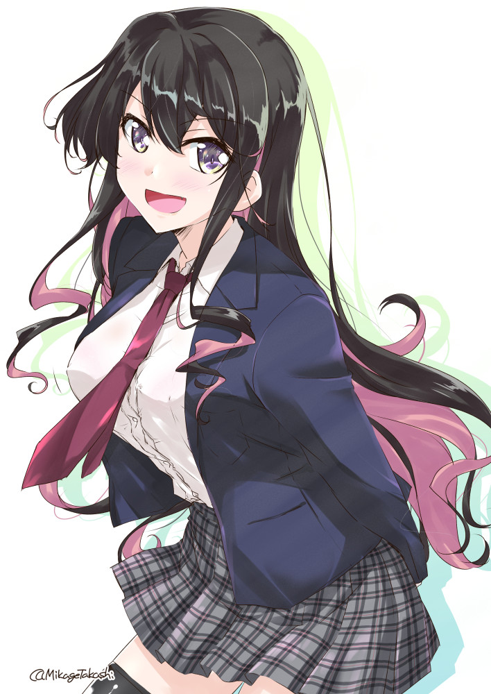 1girl alternate_costume black_hair black_legwear blue_jacket breasts jacket kantai_collection large_breasts long_hair looking_at_viewer mikage_takashi multicolored_hair naganami_(kancolle) necktie open_mouth pink_hair plaid plaid_skirt pleated_skirt purple_neckwear shirt sidelocks simple_background skirt solo thigh-highs two-tone_hair white_background white_shirt yellow_eyes