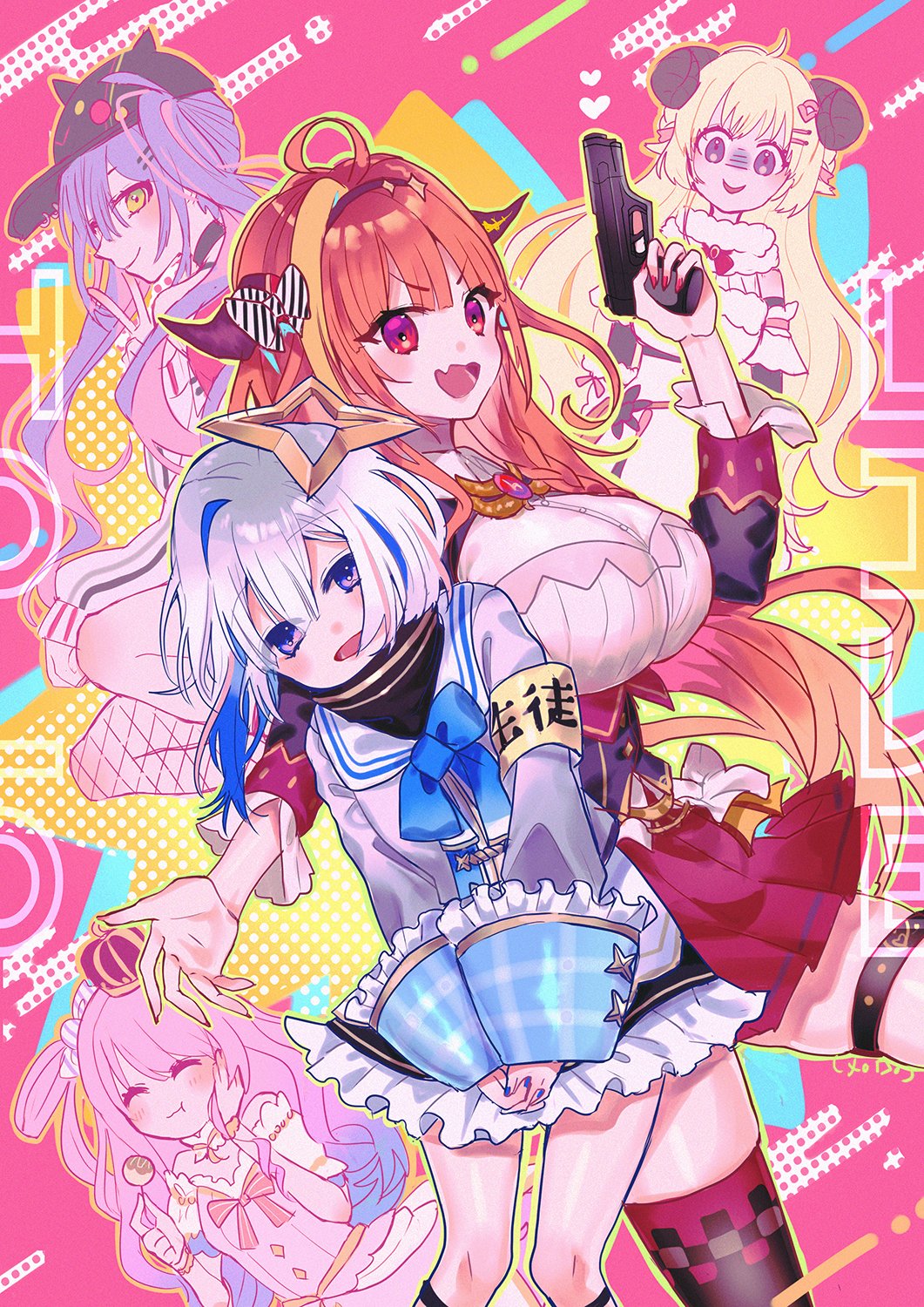 5girls ahoge amane_kanata animal_ears armband asymmetrical_legwear bangs bare_shoulders bibi_(tokoyami_towa) black_choker black_jacket blonde_hair blue_eyes blue_hair blue_nails blue_neckwear blunt_bangs bow bowtie braid breasts brooch candy_hair_ornament checkered checkered_legwear choker closed_eyes colored_inner_hair commentary_request crop_top crown curled_horns detached_sleeves diagonal-striped_bow dragon_girl dragon_horns dragon_wings dress eating eyebrows_visible_through_hair fake_horns fang fishnet_legwear fishnets food food_themed_hair_ornament fur-trimmed_dress fur-trimmed_sleeves fur_trim gem gradient_hair green_eyes gun hair_between_eyes hair_ornament hair_rings hairclip halo hand_on_own_cheek hand_on_own_face handgun heart highlights highres himemori_luna holding holding_gun holding_weapon hololive horn_bow horns jacket jewelry kiryu_coco large_breasts long_hair long_sleeves looking_at_viewer merocake mini_crown miniskirt multicolored multicolored_eyes multicolored_hair multiple_girls nail_polish open_mouth orange_hair pink_dress pink_hair pistol pleated_skirt purple_hair red_eyes red_nails red_skirt sailor_collar sheep_ears sheep_girl sheep_horns shirt short_hair side_braid sidelocks silver_hair single_braid single_thighhigh skin_fang skindentation skirt smile streaked_hair striped striped_bow takoyaki thigh-highs thigh_strap tokoyami_towa toothpick tsunomaki_watame turtleneck twintails v violet_eyes virtual_youtuber weapon white_shirt wings