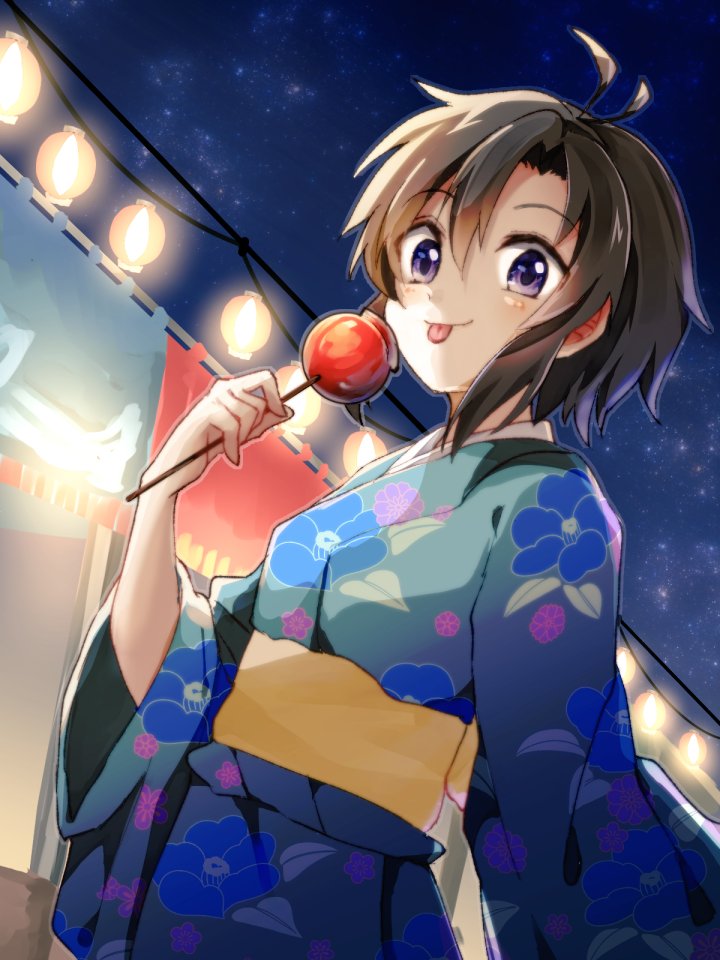 1girl :p antenna_hair bangs black_hair blue_kimono blush booth candy_apple commentary festival floral_print food from_below hair_between_eyes holding holding_food idolmaster idolmaster_(classic) japanese_clothes kikuchi_makoto kimono lantern light_blush looking_at_viewer looking_down mani_(second-dimension) night night_sky obi raised_eyebrows sash short_hair short_hair_with_long_locks skewer sky smile solo standing star_(sky) starry_sky tongue tongue_out violet_eyes yellow_sash yukata