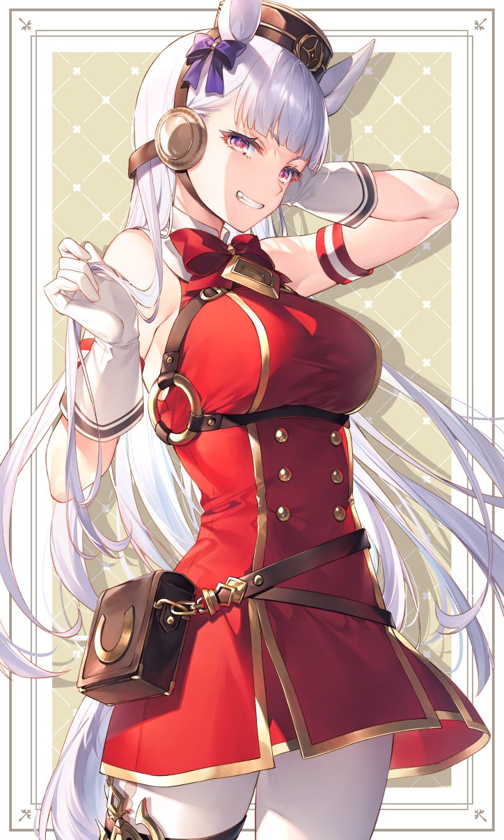 1girl animal_ears arm_up armband armpits bag bare_shoulders black_headwear bow bowtie breasts brooch cowboy_shot dress gloves gold_ship gold_trim grin handbag hat highres horse_ears horse_girl horse_tail jewelry large_breasts long_hair looking_at_viewer pantyhose red_dress sleeveless sleeveless_dress smile solo standing tail toosaka_asagi umamusume very_long_hair violet_eyes white_gloves white_hair white_legwear