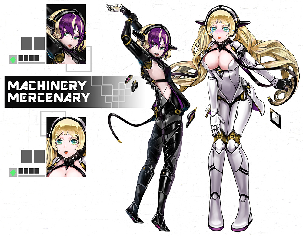 2girls :d aqua_eyes blonde_hair breasts comaza cyborg full_body hand_on_own_thigh joints large_breasts long_hair looking_at_viewer multiple_girls open_mouth original purple_hair robot_joints science_fiction short_hair small_breasts smile stretch tears