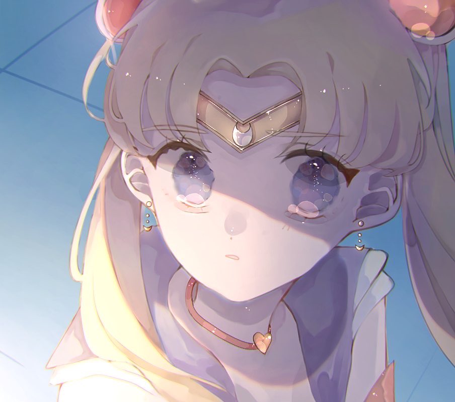 1girl bishoujo_senshi_sailor_moon blonde_hair blue_eyes choker crescent crescent_earrings derivative_work earrings eyebrows_visible_through_hair hair_over_shoulder heart heart_choker jewelry kom_illust long_hair looking_at_viewer parted_lips red_choker sailor_moon sailor_moon_redraw_challenge sailor_senshi_uniform screencap_redraw shadow solo tears tsukino_usagi twintails