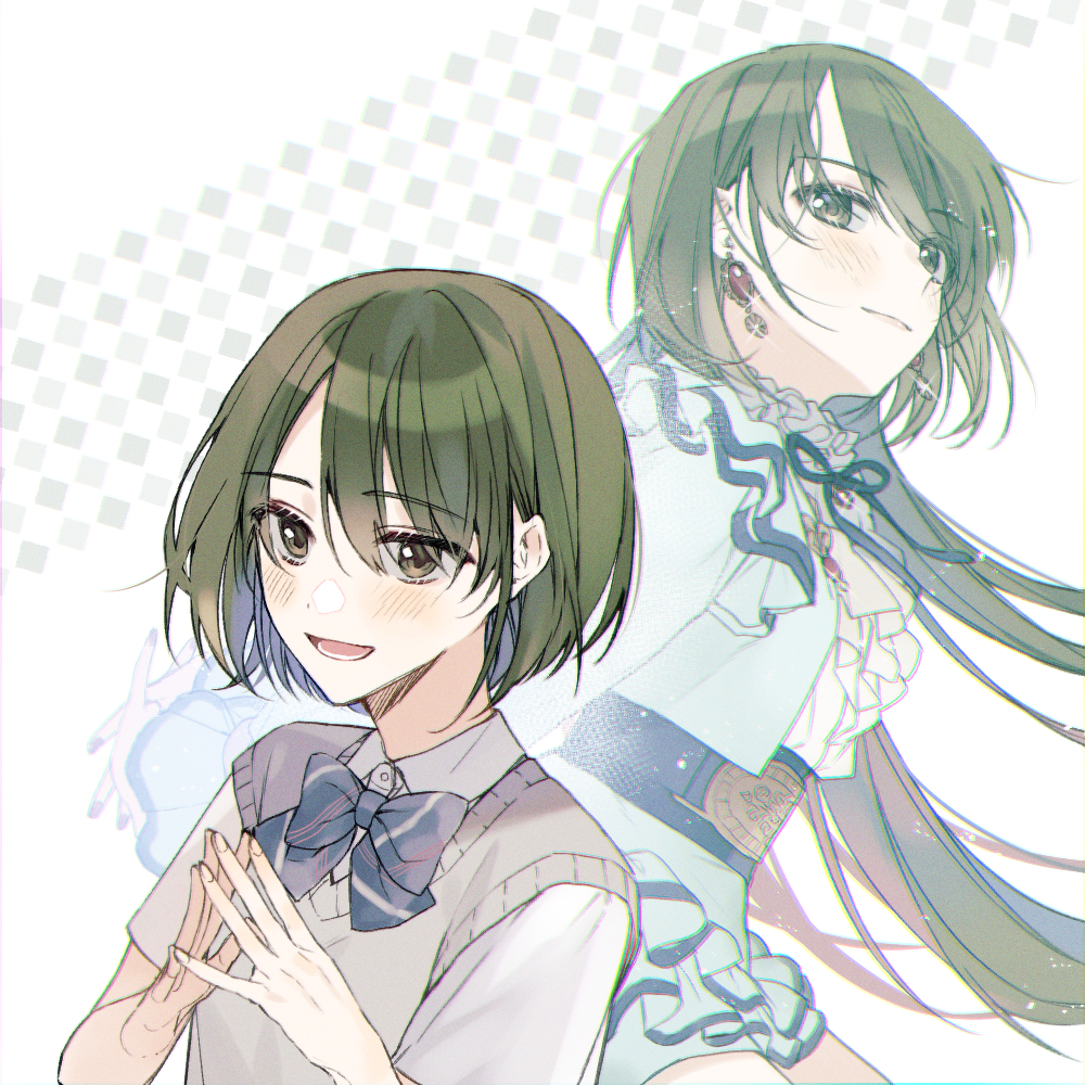 2girls arms_behind_back belt blush dress earrings ears eyebrows_visible_through_hair fingers_together green_eyes green_hair idolmaster idolmaster_shiny_colors jewelry lace-trimmed_dress lace-trimmed_skirt lace-trimmed_sleeves lace_trim long_hair long_sleeves manicure moro_(from_m0r0) multiple_girls multiple_persona nanakusa_nichika ribbon ribbon_trim school_uniform short_hair short_sleeves skirt vest