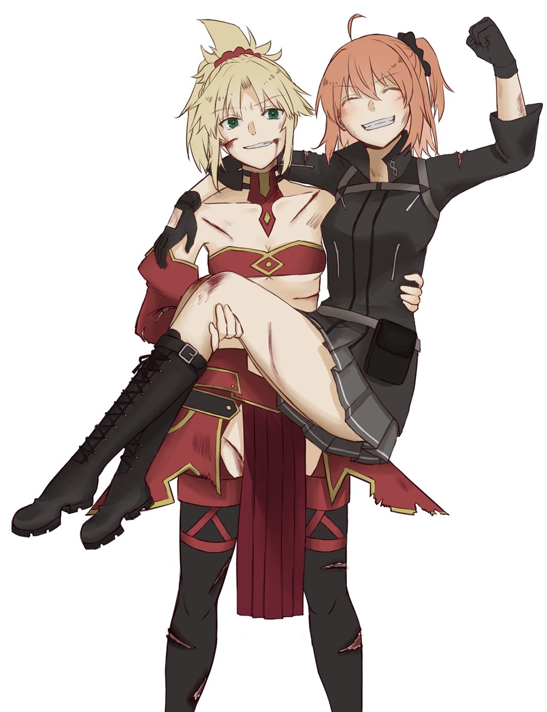2girls ^_^ ahoge arm_around_shoulder arm_up black_gloves black_scrunchie blonde_hair blood blood_from_mouth blood_on_face boots braid breasts carrying chaldea_combat_uniform chaldea_logo clenched_hand closed_eyes fate/grand_order fate_(series) french_braid fujimaru_ritsuka_(female) gloves green_eyes grey_skirt highres injury knee_boots looking_at_viewer mordred_(fate) mordred_(fate)_(all) multiple_girls no_panties orange_hair pelvic_curtain pleated_skirt ponytail pouch princess_carry rasuku red_scarf scarf scraped_knee scrunchie side_ponytail skirt small_breasts smile thigh-highs thighs white_background