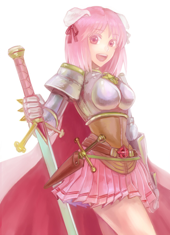 1girl :d armor bangs belt boobplate brown_belt commentary_request cowboy_shot cross dagger eyebrows_visible_through_hair hair_ribbon holding holding_sword holding_weapon horns looking_at_viewer lord_knight_(ragnarok_online) medium_hair miniskirt open_mouth pauldrons pink_eyes pink_hair pink_skirt pleated_skirt ragnarok_online red_ribbon retgra ribbon sheath shoulder_armor simple_background skirt smile solo sword upper_teeth weapon white_background