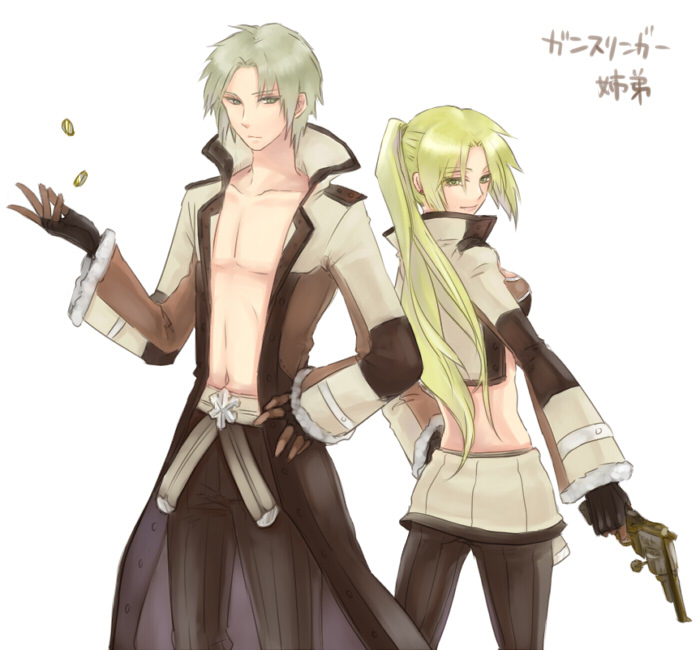 1boy 1girl back-to-back bangs black_gloves black_pants blonde_hair breasts brown_coat closed_mouth coat coin_flip commentary_request cowboy_shot crop_top eyebrows_visible_through_hair gloves green_eyes green_hair grey_eyes gun gunslinger_(ragnarok_online) handgun holding holding_gun holding_weapon long_hair looking_at_viewer looking_back male_cleavage medium_breasts navel open_clothes open_coat pants ponytail ragnarok_online retgra revolver short_hair simple_background smile standing translation_request weapon white_background