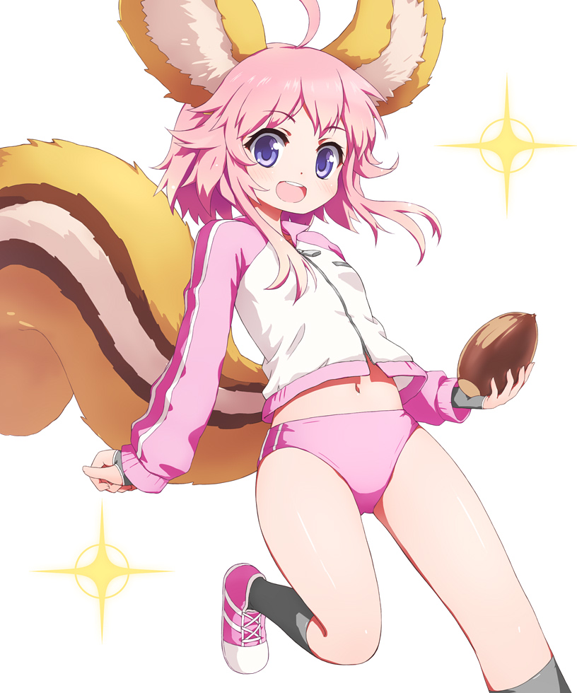 1girl acorn ahoge animal_ear_fluff animal_ears arpiel buruma character_request fingerless_gloves gloves grey_gloves grey_legwear gym_uniform haniwa_(near) holding jacket kneehighs leg_up legs long_tail navel open_mouth pink_buruma pink_footwear pink_hair pink_sleeves running shoes short_hair smile solo squirrel_ears squirrel_tail tail thighs track_jacket two-tone_jacket violet_eyes white_jacket