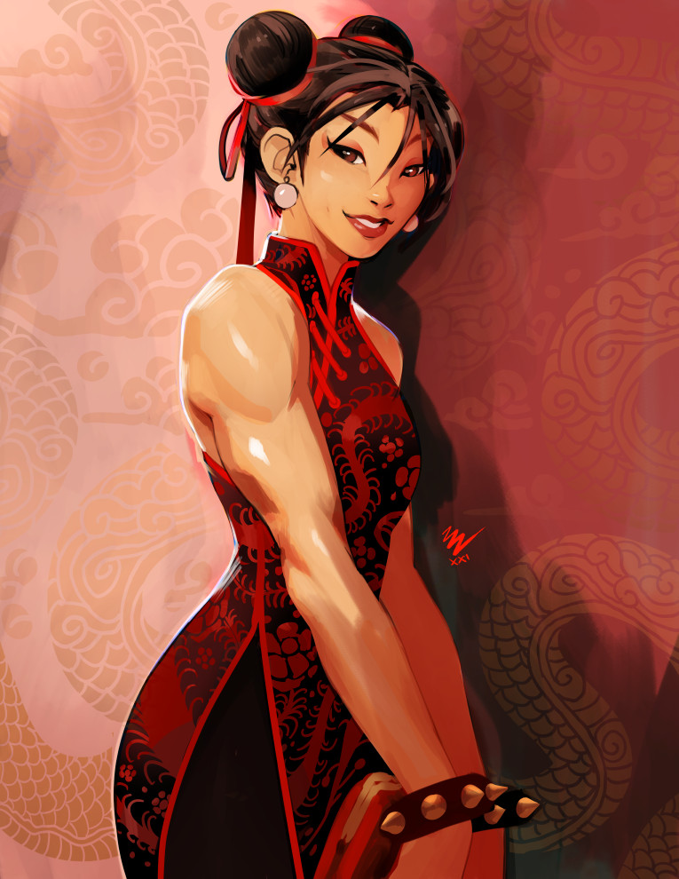 1girl alternate_costume back bag black_legwear bracelet brown_eyes china_dress chinese_clothes chun-li dress earrings english_commentary floral_print hair_ribbon handbag jewelry lips lipstick makeup muscular muscular_female pantyhose red_background red_dress red_ribbon red_theme ribbon side_slit sleeveless sleeveless_dress smile solo spiked_bracelet spikes street_fighter vashperado