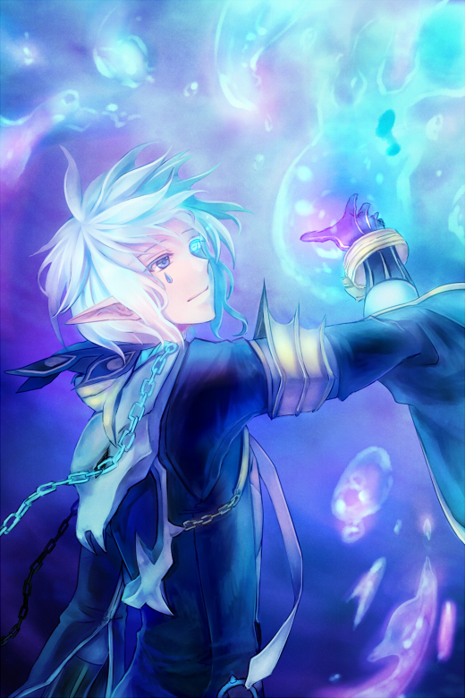 1boy bangs black_coat black_gloves blue_eyes chain closed_mouth coat commentary_request facial_tattoo gloves looking_to_the_side magic male_focus medium_hair messy_hair pointy_ears ragnarok_online retgra smile solo tattoo teardrop_tattoo upper_body warlock_(ragnarok_online) water white_hair