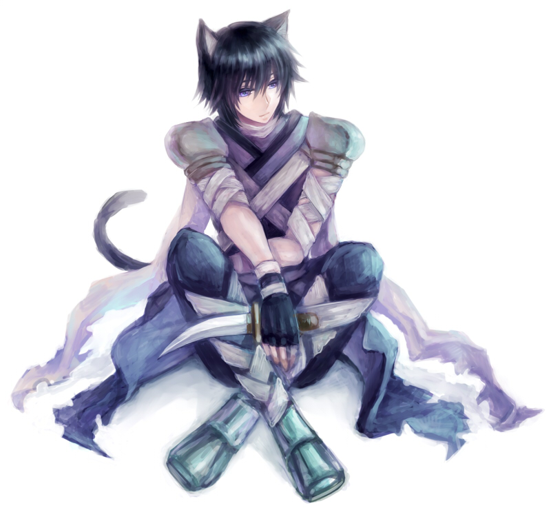 1boy animal_ears armor armored_boots assassin_(ragnarok_online) bandages bangs black_gloves black_hair boots cape cat_ears cat_tail closed_mouth commentary_request dagger fingerless_gloves full_body gloves hair_between_eyes holding holding_dagger holding_weapon looking_to_the_side male_focus pants pauldrons purple_cape purple_pants purple_shirt ragnarok_online retgra shirt short_hair shoulder_armor simple_background sitting sleeveless sleeveless_shirt solo tail torn_cape torn_clothes waist_cape weapon white_background