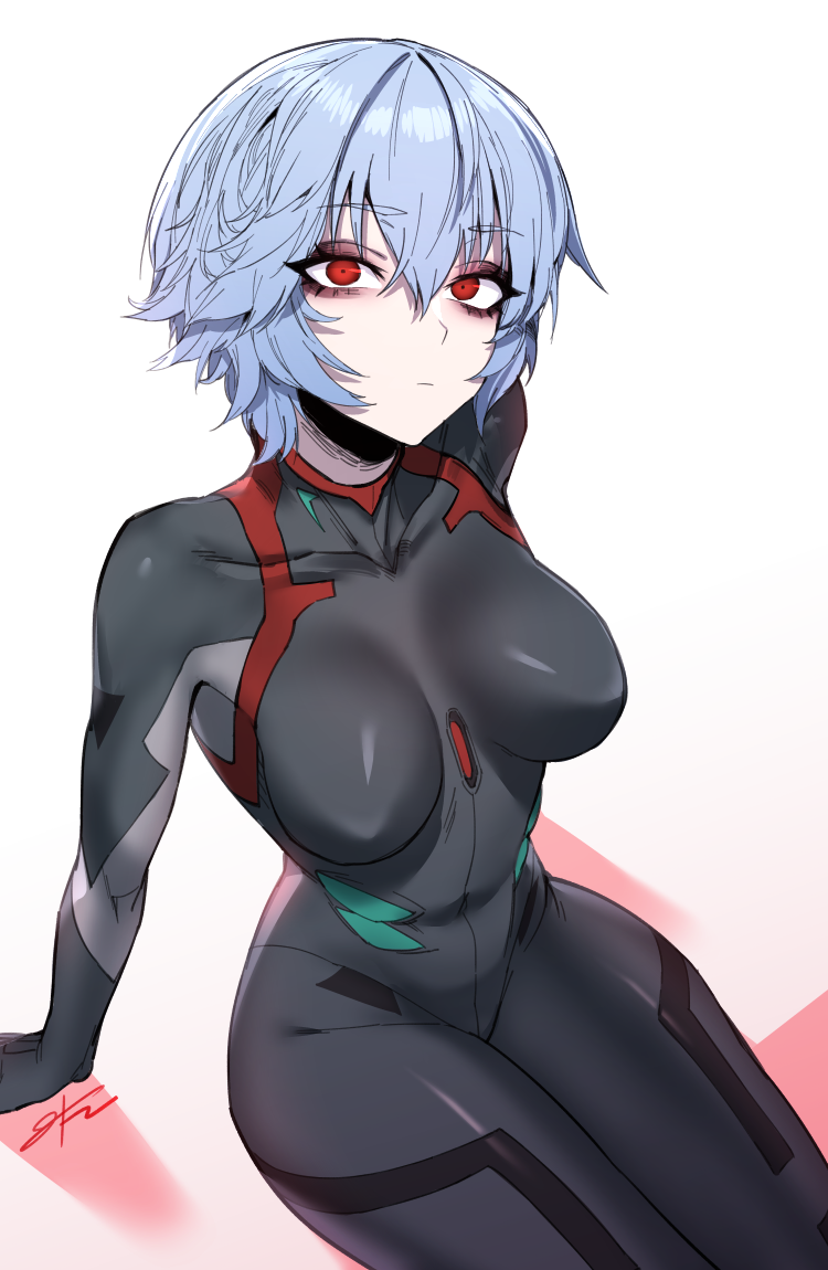 1girl ayanami_rei blue_hair breasts closed_mouth commentary evangelion:_3.0_you_can_(not)_redo expressionless eyebrows_visible_through_hair hair_between_eyes j.k. large_breasts looking_at_viewer neon_genesis_evangelion plugsuit rebuild_of_evangelion red_eyes short_hair signature skin_tight solo white_background