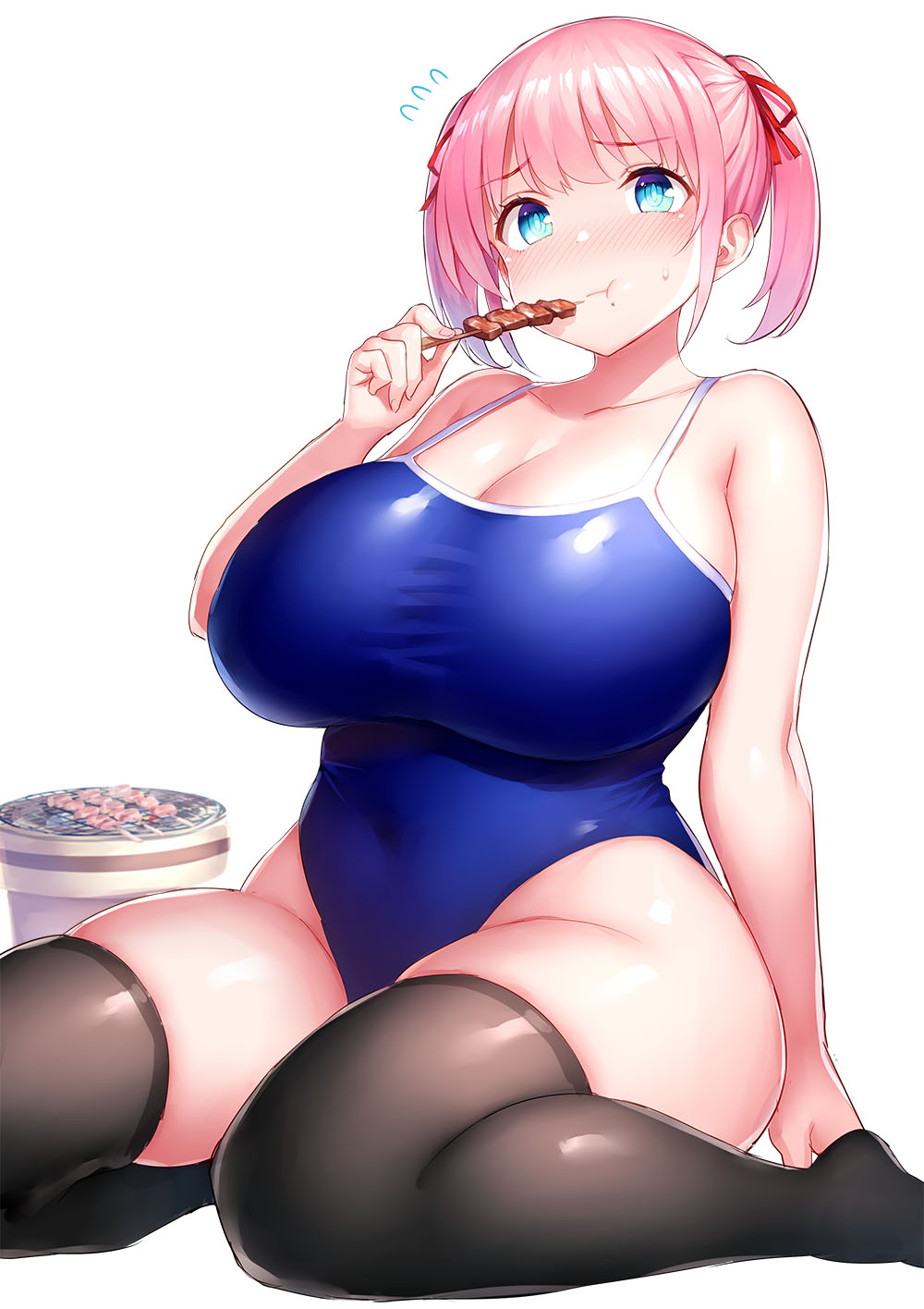 1girl black_legwear blue_eyes blush breasts competition_swimsuit curvy eating food highres huge_breasts kebab nose_blush one-piece_swimsuit original pink_hair plump short_hair sitting skindentation solo swimsuit thigh-highs tsukumiya_amane twintails wariza