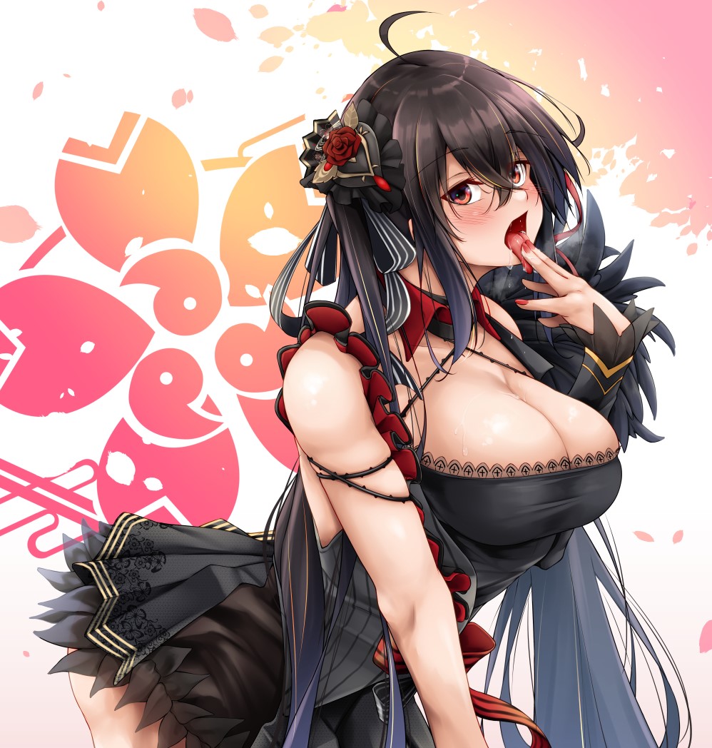 1girl ahoge asymmetrical_sleeves azur_lane bare_shoulders black_dress black_hair black_jacket breasts collar detached_collar detached_sleeves dress eyebrows_visible_through_hair from_side hair_ribbon jacket large_breasts leaning_forward long_hair looking_at_viewer oriue_wato red_collar red_eyes red_nails ribbon sakura_empire_(emblem) short_dress sleeveless sleeveless_jacket solo taihou_(azur_lane) taihou_(muse)_(azur_lane) tongue tongue_out very_long_hair