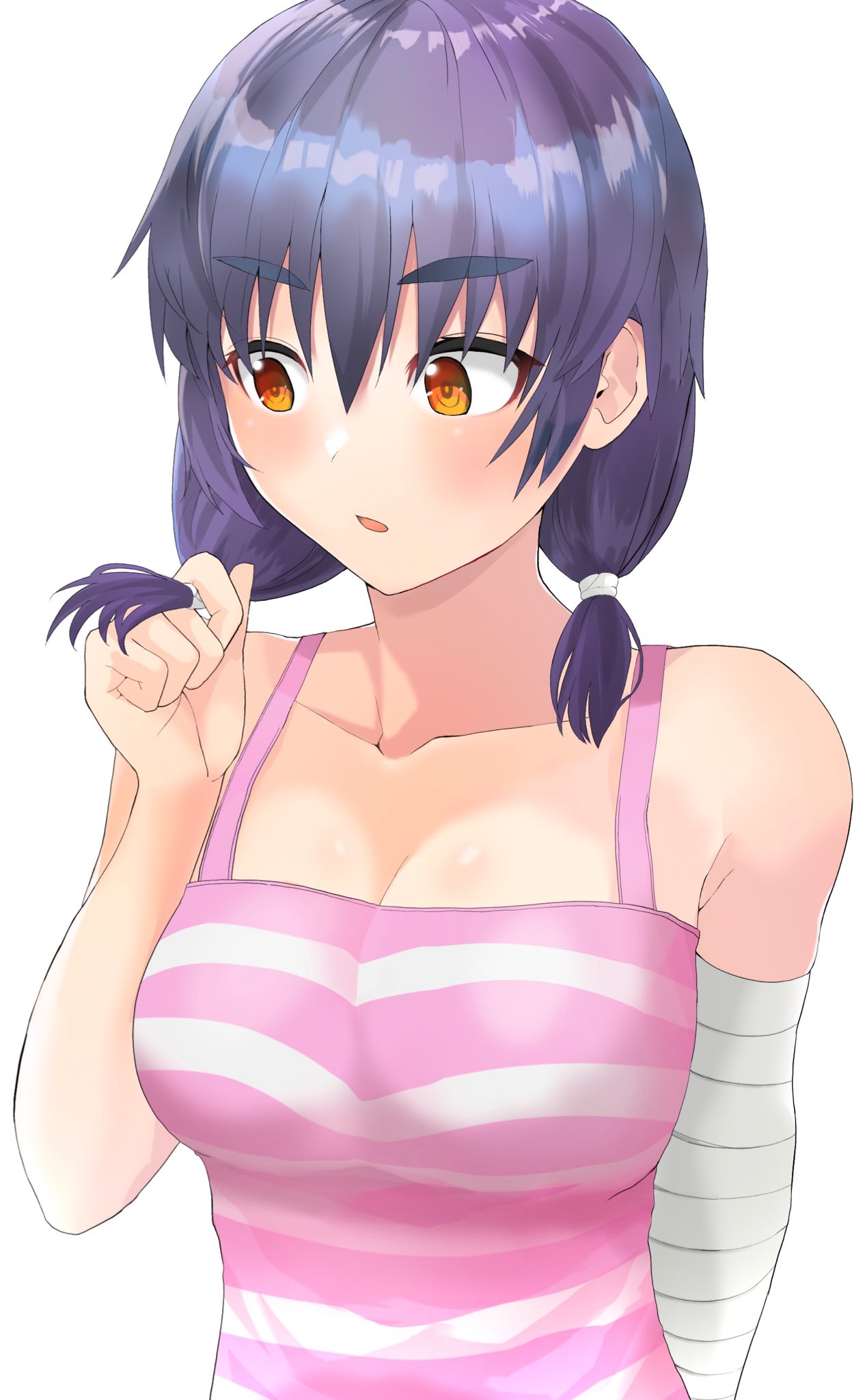 1girl bakemonogatari bandaged_arm bandages bare_shoulders blue_hair blush breasts collarbone commentary eyebrows_visible_through_hair hair_ornament highres holding holding_hair kanbaru_suruga large_breasts looking_away medium_hair monogatari_(series) narinari99999 nisemonogatari orange_eyes pink_tank_top playing_with_own_hair solo striped_tank_top tank_top thick_eyebrows twintails