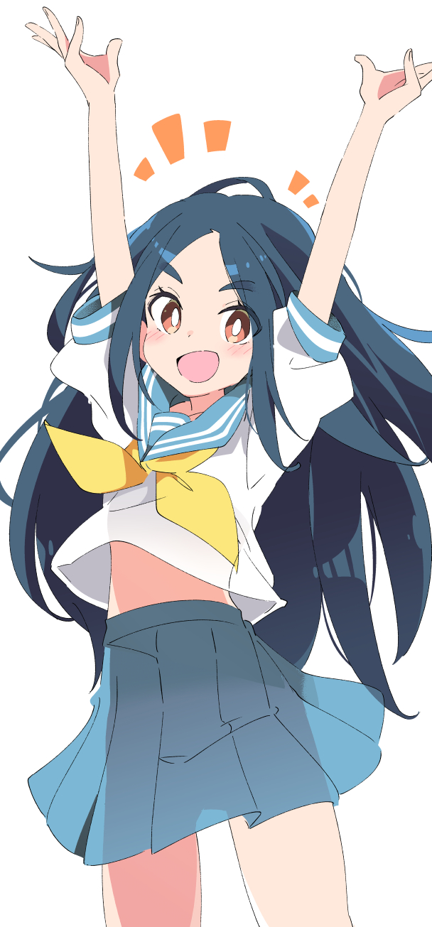 1girl :d arms_up blue_hair blue_sailor_collar blue_skirt blush commentary_request copyright_request highres ixy long_hair looking_at_viewer midriff open_mouth orange_eyes pleated_skirt sailor_collar school_uniform serafuku short_sleeves simple_background skirt smile solo standing thighs white_background yellow_neckwear