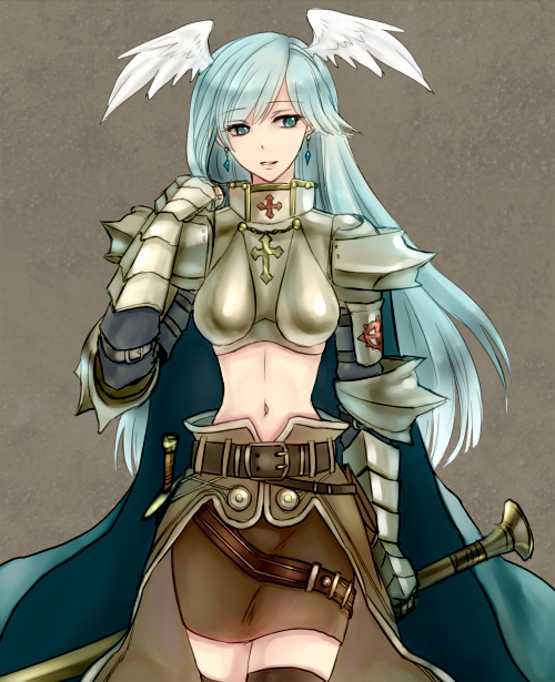 1girl armor bangs belt blue_cape blue_hair boobplate brown_background brown_belt brown_cape brown_legwear brown_skirt cape commentary_request cowboy_shot cross earrings eyebrows_visible_through_hair gauntlets holding holding_sword holding_weapon jewelry light_blue_hair long_hair looking_to_the_side midriff navel paladin_(ragnarok_online) parted_lips pauldrons ragnarok_online retgra shoulder_armor simple_background skirt solo sword thigh-highs waist_cape weapon