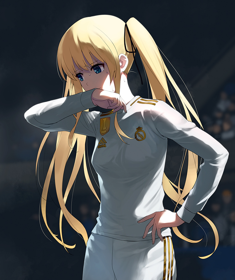 1girl a1 blonde_hair blue_eyes commentary_request gloom_(expression) hair_ribbon hand_on_hip long_hair long_sleeves looking_away nervous real_madrid ribbon saenai_heroine_no_sodatekata sawamura_spencer_eriri soccer_uniform solo sportswear stadium sweat twintails