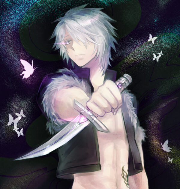 1boy abs alternate_color bangs black_jacket bug butterfly closed_mouth commentary_request crop_top dagger fur-trimmed_jacket fur_trim glowing glowing_eye hair_over_one_eye holding holding_dagger holding_weapon insect jacket looking_at_viewer male_focus open_clothes open_jacket ragnarok_online retgra short_hair short_sleeves solo stalker_(ragnarok_online) stomach_tattoo tattoo upper_body weapon white_hair