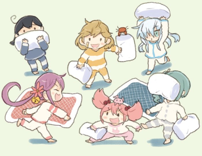 6+girls ahoge akebono_(kancolle) animal_on_head bandaid bandaid_on_face barefoot bell black_hair blue_eyes brown_eyes brown_hair bunny_on_head chibi closed_eyes commentary_request crab flower full_body futon grey_hair hair_bell hair_bobbles hair_flower hair_ornament hair_over_one_eye hibiki_(kancolle) holding holding_pillow in_the_face jingle_bell kantai_collection kasumi_(kancolle) long_hair multiple_girls oboro_(kancolle) on_head otoufu pajamas pillow pillow_fight pink_hair purple_hair rabbit sazanami_(kancolle) short_hair side_ponytail silver_hair sleepwear throwing twintails ushio_(kancolle) very_long_hair