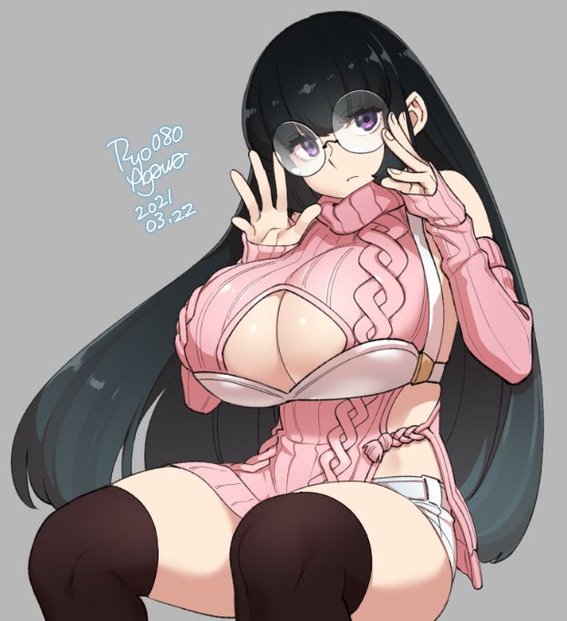 1girl 2021 adjusting_eyewear agawa_ryou artist_name black_hair black_legwear breasts dated glasses grey_background huge_breasts long_hair looking_at_viewer original short_shorts shorts signature simple_background solo thick_thighs thigh-highs thighs very_long_hair violet_eyes