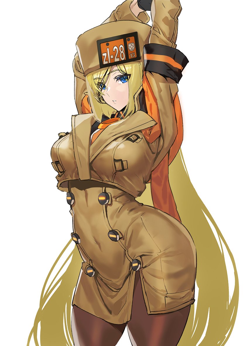 1girl arm_scarf arms_up ashiomi_masato bangs black_gloves blonde_hair blue_eyes breasts brown_coat brown_headwear buttons coat eyebrows_visible_through_hair fur_hat gloves guilty_gear guilty_gear_strive hair_between_eyes hat large_breasts leggings long_hair looking_at_viewer millia_rage simple_background solo standing thigh-highs ushanka very_long_hair white_background wide_hips