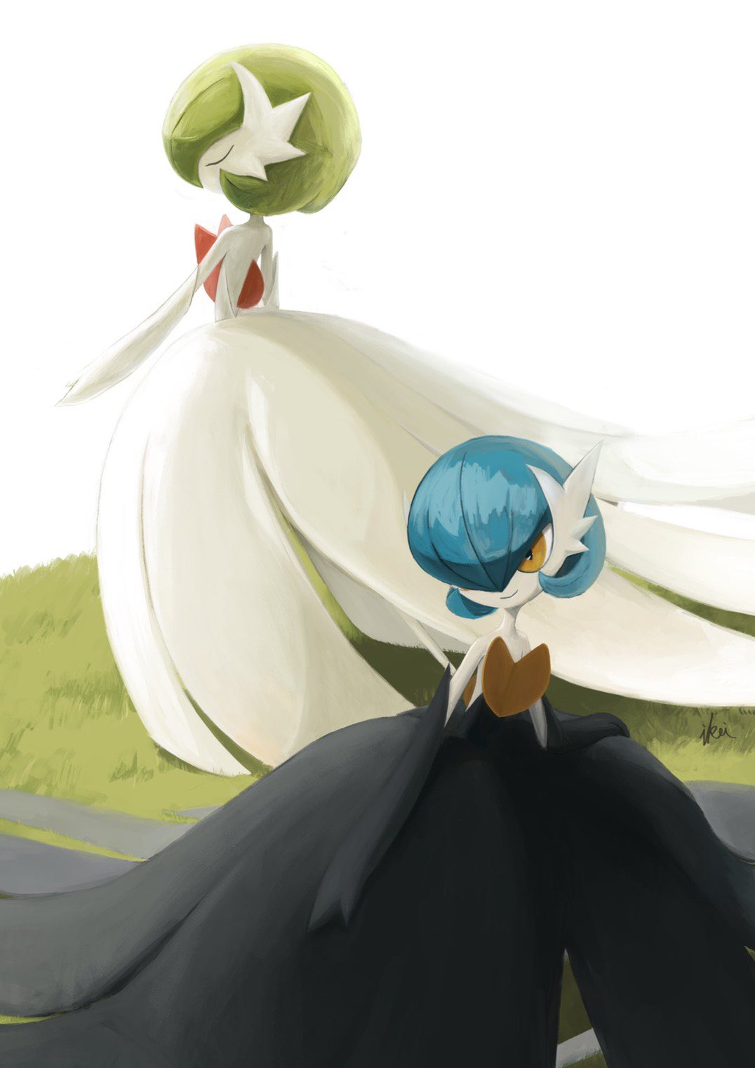 2girls alternate_color artist_name bangs bare_shoulders black_dress black_gloves blue_hair bob_cut closed_eyes closed_mouth colored_skin commentary day dress elbow_gloves english_commentary flat_chest gardevoir gen_3_pokemon gloves grass green_hair hair_over_one_eye happy highres ikei mega_gardevoir mega_pokemon mixed-language_commentary multiple_girls orange_eyes outdoors pokemon pokemon_(creature) shiny shiny_hair shiny_pokemon short_hair signature simple_background smile standing strapless strapless_dress white_background white_dress white_gloves white_skin