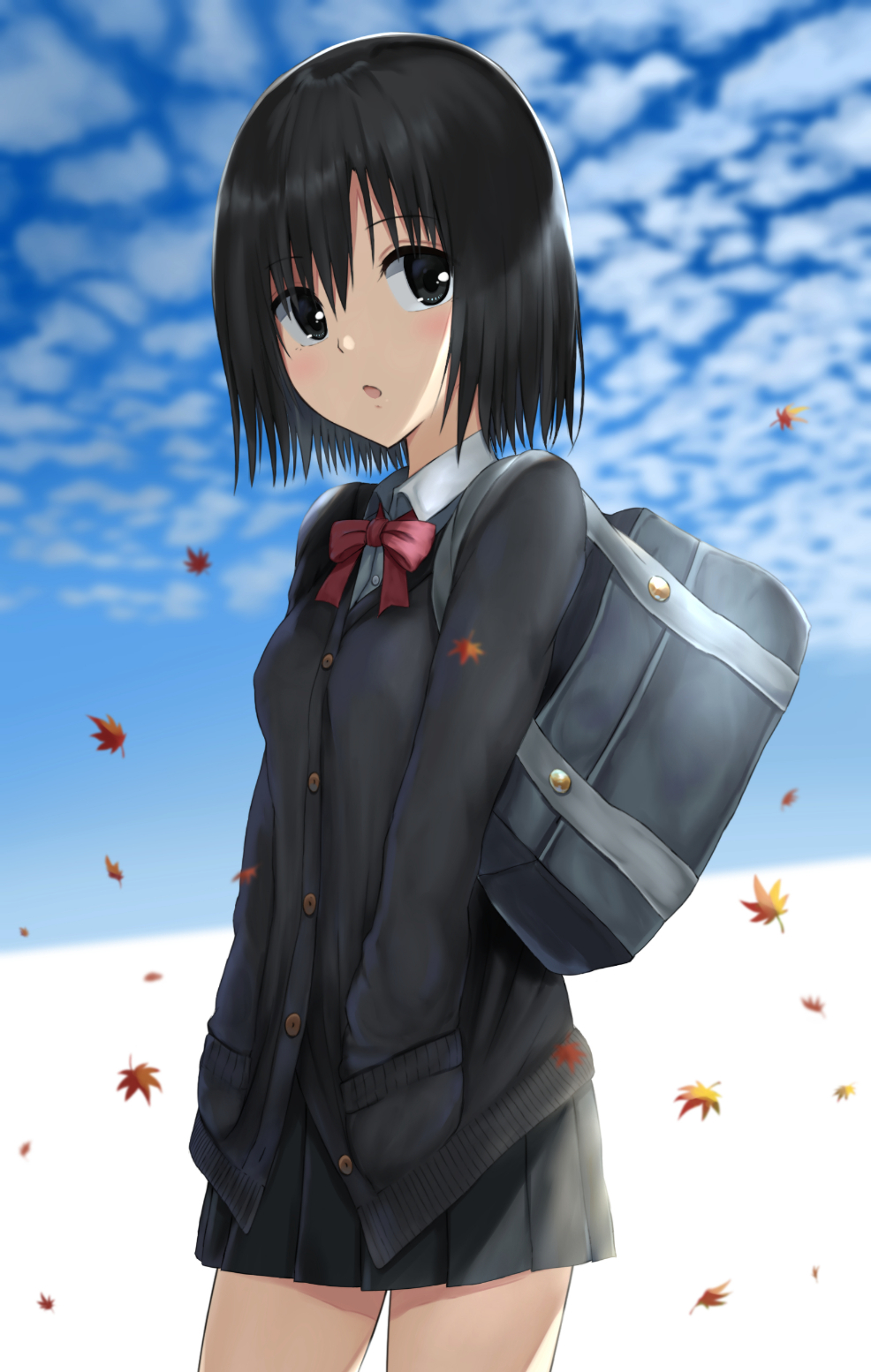 1girl :o bag bangs black_cardigan black_eyes black_hair black_skirt blue_background blue_bag bob_cut bow bowtie breasts buttons cardigan clouds cloudy_sky commentary cowboy_shot dress_shirt hair_between_eyes hands_in_pockets highres kuchinawa_(skyks) leaf leaves_in_wind light_blush looking_back maple_leaf open_mouth original pleated_skirt red_neckwear red_ribbon ribbon school_bag school_uniform shirt short_hair shoulder_bag skirt sky small_breasts solo standing two-tone_background white_background white_shirt wind